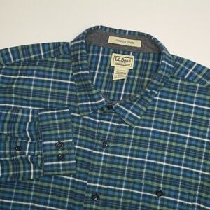LL Bean Flannel Shirt Men's 2XLT Long Sleeve Green Plaid Slightly Fitted‎ Cotton